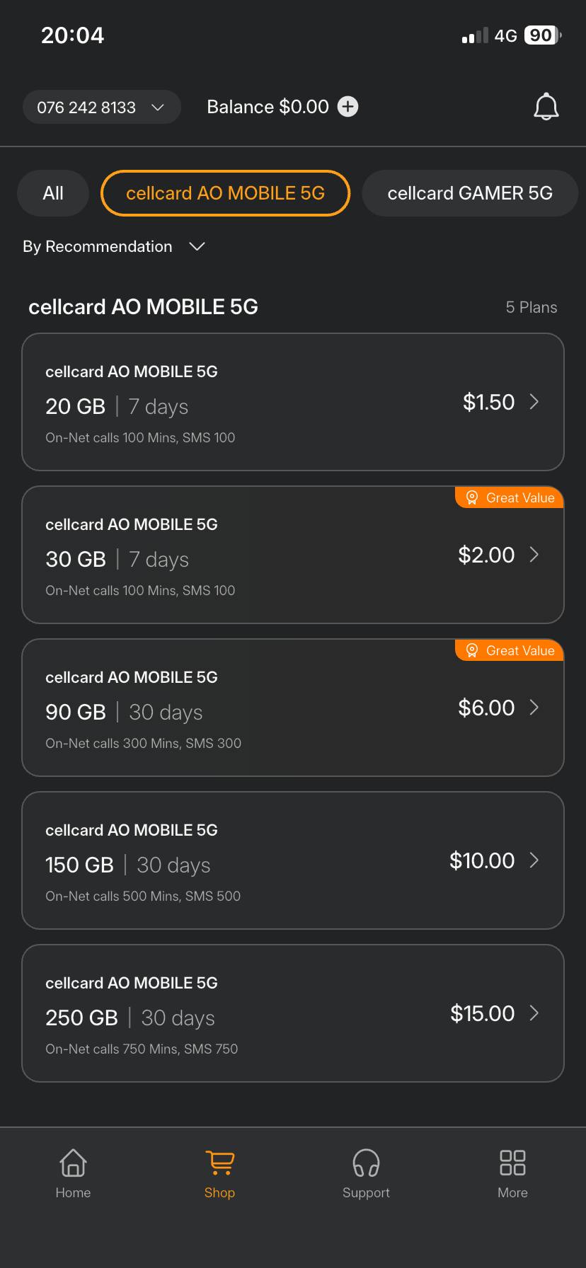 Цены и условия тарифов Cellcard AO Mobile 5G
